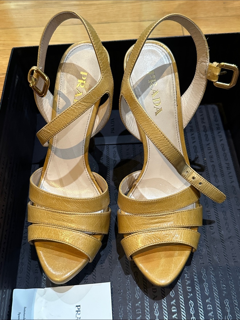 Prada Mustard Yellow Leather Strappy Slingback Heels